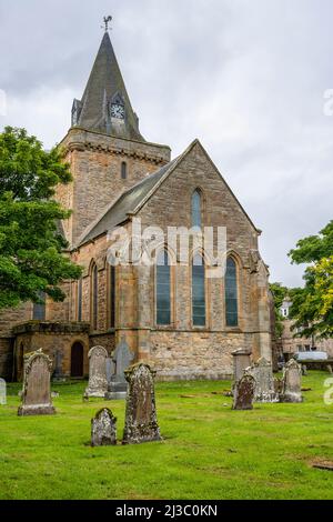 East elevation of Dornoch Cathedral viewed from the graveyard in historic town of Dornoch in Sutherland, Highland, Scotland, UK Stock Photo