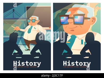 History cartoon posters, senior historian teacher with pointer at blackboard explain lesson to students sitting at desks. Human silhouettes front of i Stock Vector