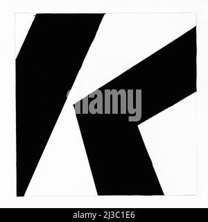 abstract black and white graphic composition with letter K hand drawn with black paint on white paper Stock Photo
