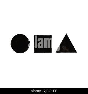 black and white composition with circle, triangle and square in row hand drawn with black paint on white paper Stock Photo