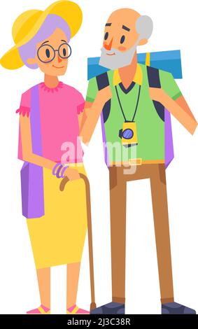 Senior tourists concept. Old woman with walking cane and man with photocamera Stock Vector