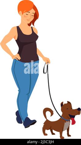 Young woman walking with dog. Girl holding puppy on leash Stock Vector