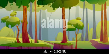Cartoon forest background, nature landscape with deciduous trees, green grass, trunks silhouettes and ground path. Scenery view, summer or spring wood Stock Vector