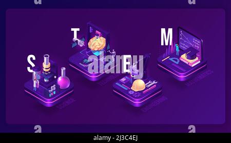 Stem isometric concept, science, technology, engineering and mathematics research. Scientific laboratory, ai robot, engineer on factory and student le Stock Vector