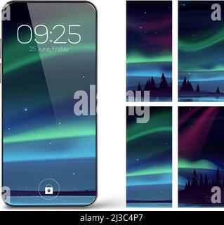 Smartphone lock screen with aurora borealis. Mobile phone onboard page with date and time, northern lights wallpapers background for cellphone device, Stock Vector