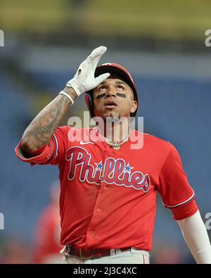 Philadelphia Phillies third baseman Johan Camargo holds his glove out after  catching a line out by Texas Rangers' Adolis Garcia in the fourth inning of  a baseball game, Tuesday, June 21, 2022