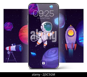 Smartphone with screensaver wallpaper with astronaut in outer space, alien planets and rocket. Vector mobile phone with cartoon background with spaces Stock Vector