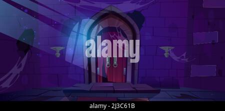 Abandoned dungeon, medieval castle night interior with moonlight fall on wood arched door and barred window shadow on cracked stone wall with spiderwe Stock Vector