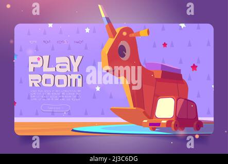 Play room cartoon landing page with kids wooden toys rocking unicorn and car on cute baby wallpaper background. Invitation to child area, kindergarten Stock Vector