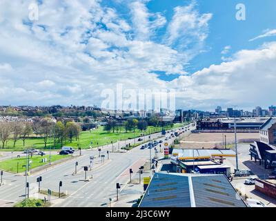 Aerial view towards Leeds City Centre viewed from Kirkstall Road / A65  on a sunny day. UK. Stock Photo