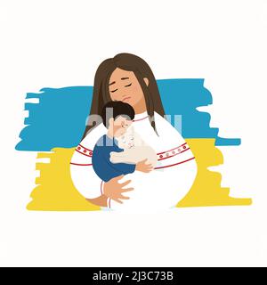 Sad woman holding a baby and a cat in her arms, vector illustration. Mom and baby with pet Stock Vector