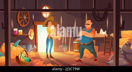 Farmers in barn with chickens, straw and pumpkins. Vector cartoon interior of wooden shed with hay stacks, hens, garden tools and sacks. Man and woman Stock Vector
