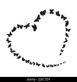 Flying butterflys in heart shape frame pattern. Black Sketch clipart butterflys on white background. Vector illustration Stock Vector