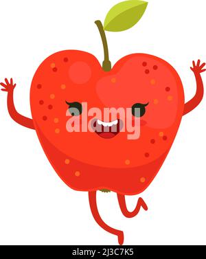 Apple mascot. Red fruit character running with smile Stock Vector