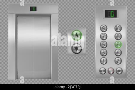 Realistic elevator cabin with closed doors, lift exterior, panel with chrome metal buttons and digital display show floor numbers, up or down arrows i Stock Vector
