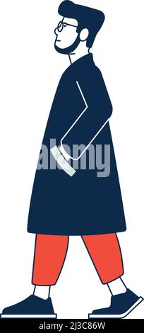 Bearded man in coat walking. Character side view Stock Vector
