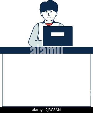Woman standing at reception desk. Female receptionist workplace Stock Vector