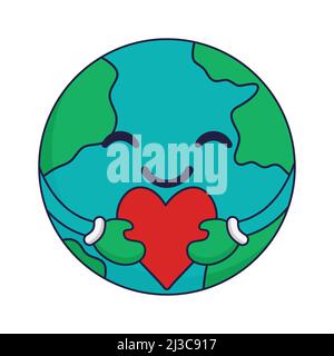 Earth cartoon vector illustration isolated on white background. Happy earth icon, sign, symbol. Earth cartoon with red heart. Earth infographics, icon Stock Vector