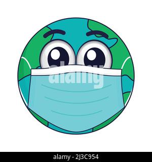Earth cartoon with medical mask vector illustration isolated on white background. Earth wearing mask vector illustration. Icon for banner, web. Stock Vector