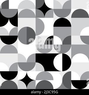 Retro 60's and 70's style vector seamless minimalist pattern - 60's and 70's geometric textile design with circles and abstract shapes in black and wh Stock Vector