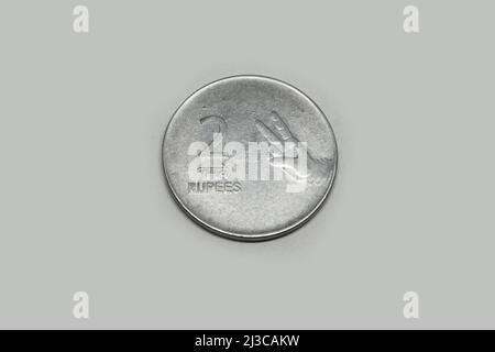 Indian Currency two Rupees silver Coin, Indian Currency, Money, two Rupees old coin Stock Photo