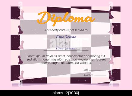 Diploma presented to winner in chess game. Vector certificate template for award merit in competition or celebration graduation with cartoon chessboar Stock Vector