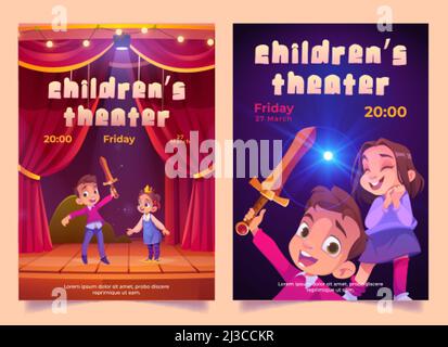 Children theater posters with kids play performance on stage with red  curtains. Vector invitation flyers with cartoon illustration of boy and  girl theatre actors with sword and crown Stock Vector Image &