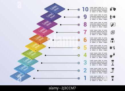 Infographic Sensor template. Icons in different colors. Include Water Quality Sensor, Flame Detector, Smoke Detector, Alcohol Sensor and others. Stock Vector