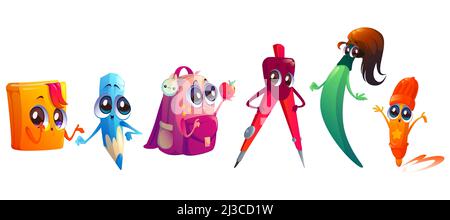 School supplies cartoon characters. Student education stationery mascots pencil, felt-tip pen, painting brush, textbook, backpack and compass with cut Stock Vector