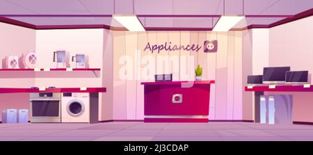 Appliances store interior, electronics shop department in trade mall with digital production on shelves and counter desk. Household tools washing mach Stock Vector