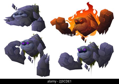 Golem cartoon character, stone monster, mythical creature, mascot with strong hands, glowing eyes and rocky body. Burning giant with lava and flame. F Stock Vector