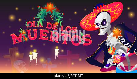 Dia de los muertos cartoon banner, Mexican Day of the dead skeleton mariachi musician character with maracas, holiday sugar skulls, crosses, flower wr Stock Vector