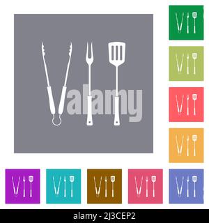 Barbecue tongs and fork and spatula solid flat icons on simple color square backgrounds Stock Vector