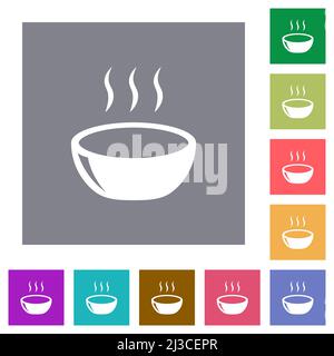 Glossy steaming bowl flat icons on simple color square backgrounds Stock Vector