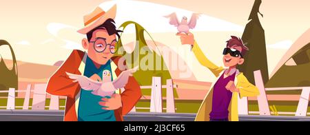 Men hold in hand white doves. Vector cartoon summer landscape of countryside with green trees, fields and road with characters caress pigeons. Concept Stock Vector