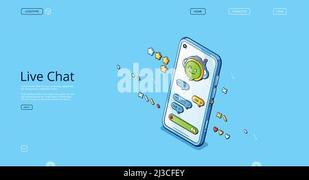 Live chat banner. Online conversation with customer support, mobile phone app for talk with service center. Vector landing page with isometric illustr Stock Vector