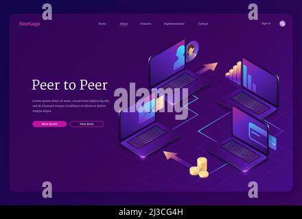 Peer to peer computer network isometric landing page. P2p internet model for support or transfer money. One rank and client server networking business Stock Vector