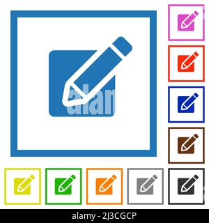 Editing box with pencil solid flat color icons in square frames on white background Stock Vector
