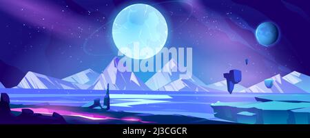 Alien planet landscape, cosmic background, deserted coastline with mountains view, glowing cleft, stars and shining spheres in space. Extraterrestrial Stock Vector