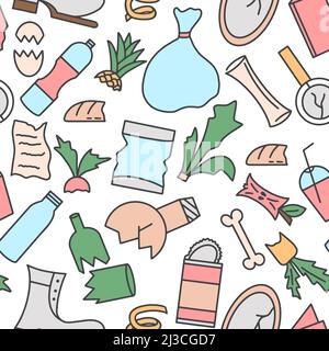Garbage and household waste seamless pattern vector illustration. Glass, plastic and organic emissions background. Trash dudt model. Environmental pol Stock Vector