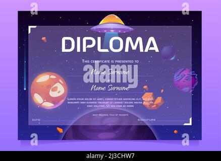 Kids diploma with ufo saucer and planets in space. Cartoon certificate, graduation frame for school or kindergarten with futuristic galaxy world. Achi Stock Vector