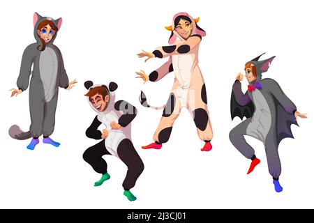 Characters in kigurumi, people in animal costumes on pajamas party. Vector cartoon set of happy men and women in funny pyjamas of cow, cat, bat and pa Stock Vector