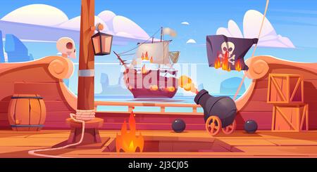 Pirate ship battle, wooden brigantine boat deck onboard view with cannon fire to enemy frigate, burning jolly roger flag, flame ragging in open hold o Stock Vector