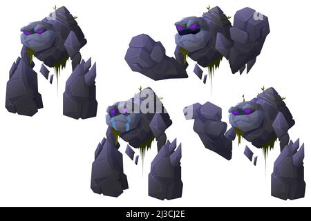 Golem cartoon character, stone monster, mythical creature with strong hands, glowing eyes and rocky body covered with moss. Fairy tale personage isola Stock Vector