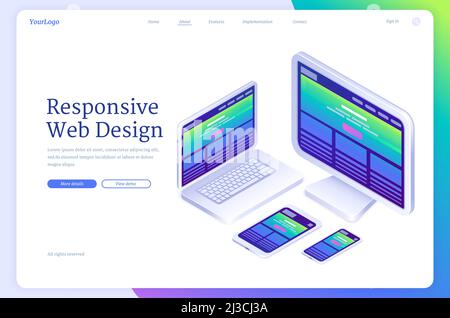 Responsive web design banner. Concept of flexible ui interface of site or app for different digital screens. Vector landing page with isometric laptop Stock Vector