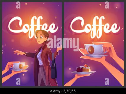 Coffee cartoon ad posters, woman take cup of hot drink and piece of cake on saucer on defocused background. Coffee house advertisement, bar promo, caf Stock Vector