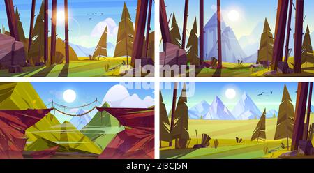 Mountain landscapes with forest and suspension bridge. Vector cartoon set of illustrations with coniferous trees, rocks, green grass, wooden rope brid Stock Vector
