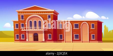 University campus, library or high school building classic architecture. Educational public institution facade of red brick with arched entrance, wind Stock Vector