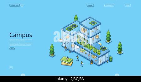 Green campus isometric landing page, people work and study in modern glass building, university, coworking office, creative workplace for students or Stock Vector