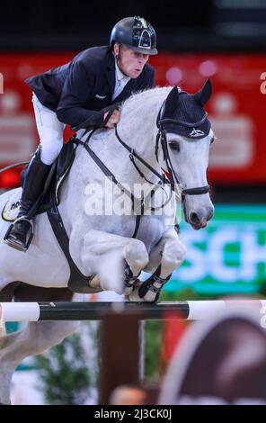 Leipzig, Germany. 07th Apr, 2022. Marcus Ehning from Germany competes on Calanda in the 1st Final of the Longines Fei Jumping World Cup at the Leipzig Fair. Credit: Jan Woitas/dpa/Alamy Live News Stock Photo